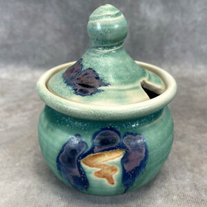 Signed Studio Art Pottery Teal Stoneware Honey Jar/Pot w/Lid *No Dipper* 4.5 in